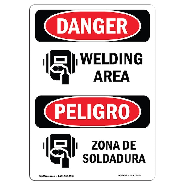 Safety Sign, OSHA Danger, 5" Height, Welding Area With Symbol Bilingual Spanish, 10PK